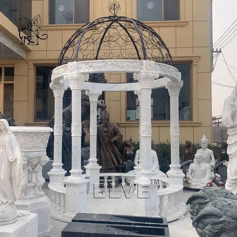 Factory Custom Outdoor Garden European Style White Marble Gazebo Metal Roof Natural Stone Pavilion