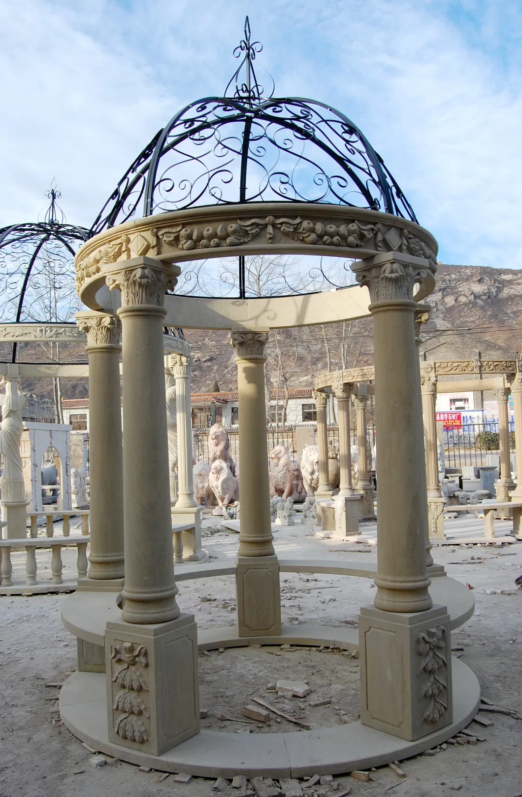 Factory Custom Outdoor Garden Decor Large Metal Roof Stone Carved White Marble Gazebo